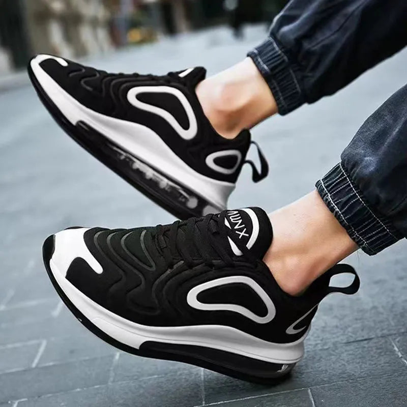 Men's black lace-up sneakers with air cushion sole and artificial PU upper