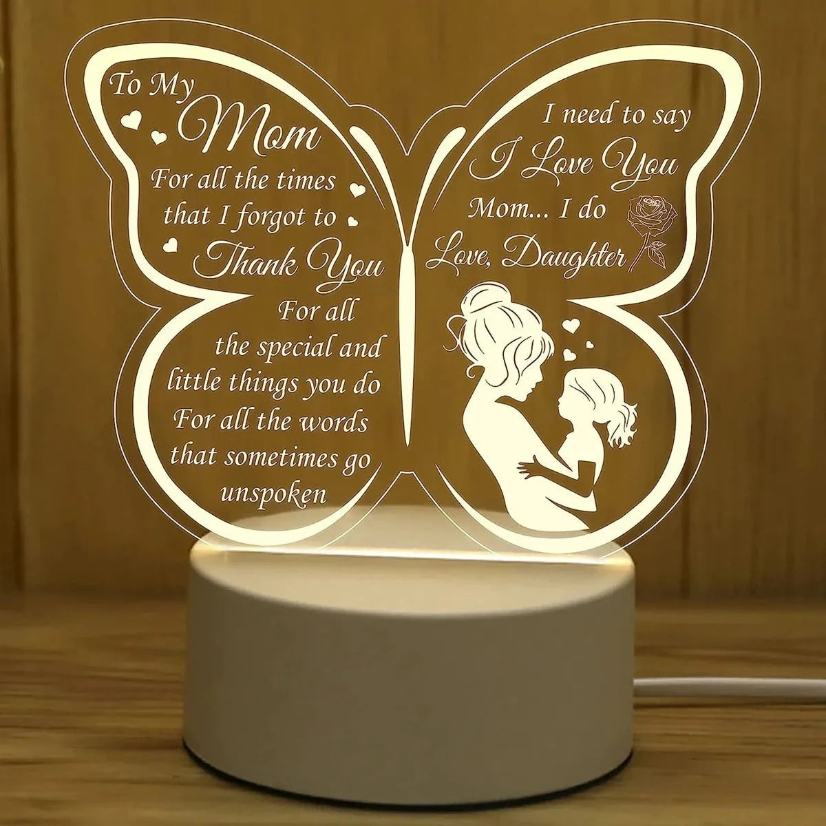 Heart-shaped white acrylic table lamp with USB cable and touch control base