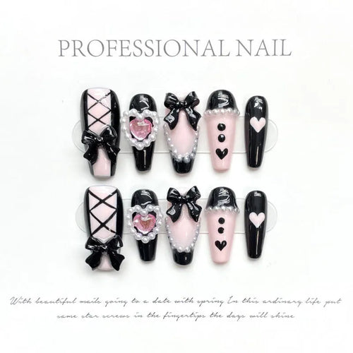 Black and pink heart hand-painted detachable manicure set with bow patterns in four sizes