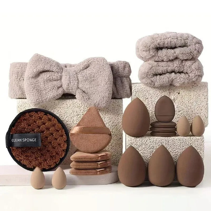Beauty tools combination set with hydrophilic non-latex face wash and makeup tools in brown, pink, and purple colours