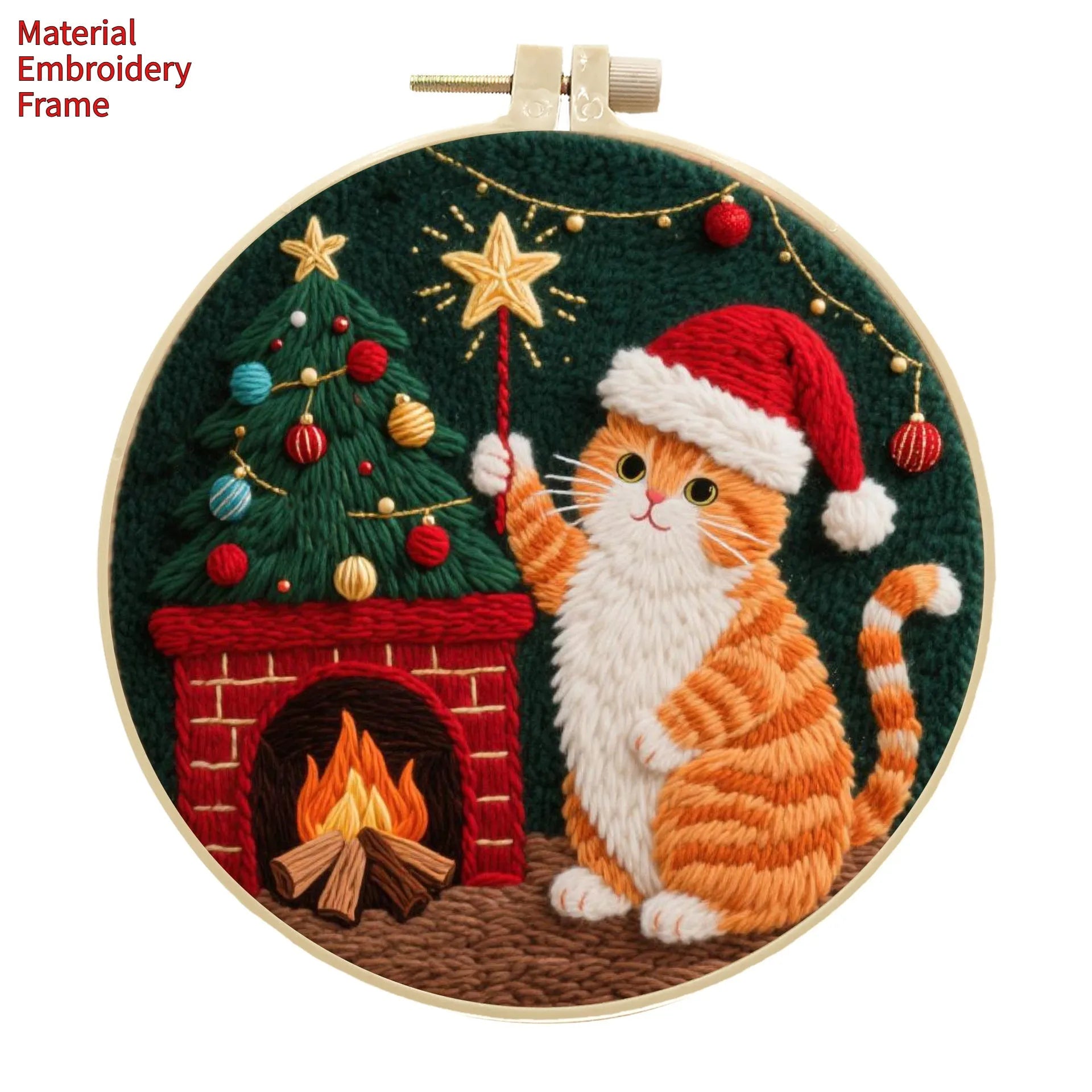 Cat embroidery DIY material package showing autumn fruit patterns on cotton linen fabric with optional bamboo frame