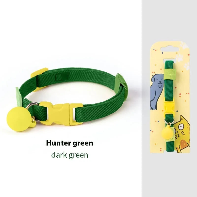 Small dog elastic polyester pet collar shown in seven colour options with adjustable 22-32cm sizing