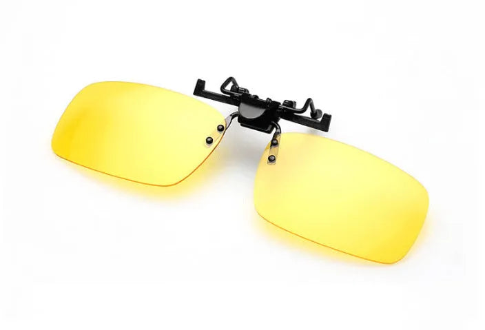 Clip-on driving sunglasses with plastic frame in grey, dark green, and night vision lens options.