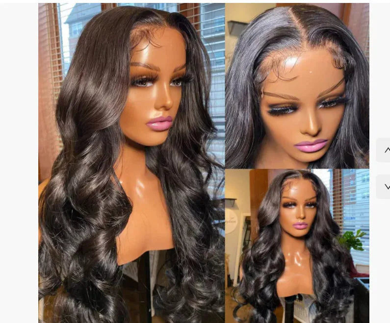 Black medium-long curly synthetic full-head wig on display showing natural wave pattern