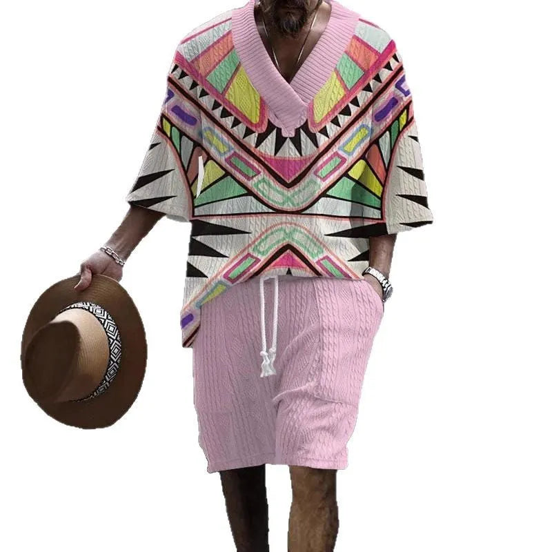 Men's loose-fit casual short sleeve suit and shorts set in a solid colour.