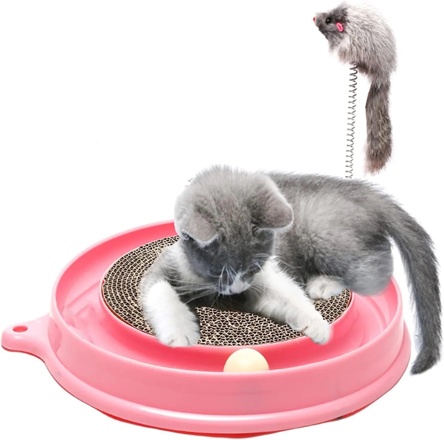 Blue interactive cat scratcher toy with round corrugated cardboard pad and rolling ball in track.