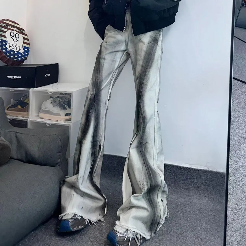 White American street retro heavy rough selvedge jeans with black ribbon gradient detailing and mid waist cut