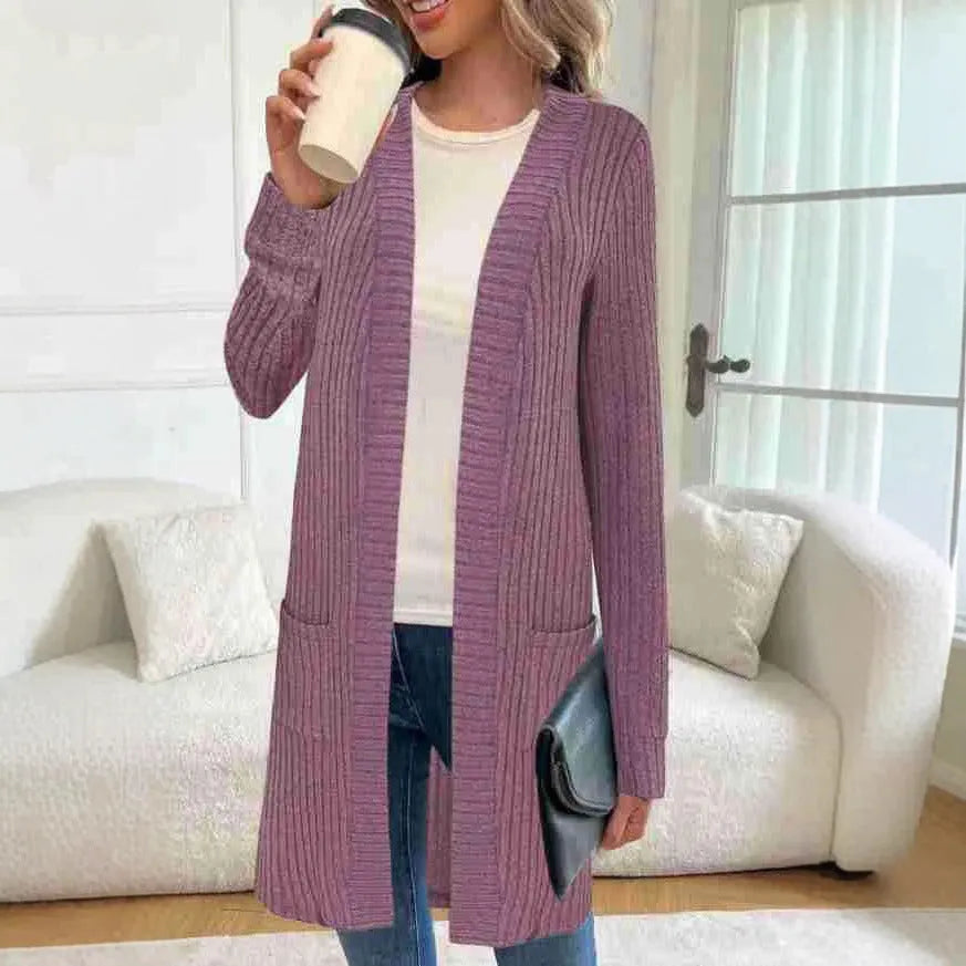Long sleeve loose fit cardigan jacket with front pockets in polyester fabric