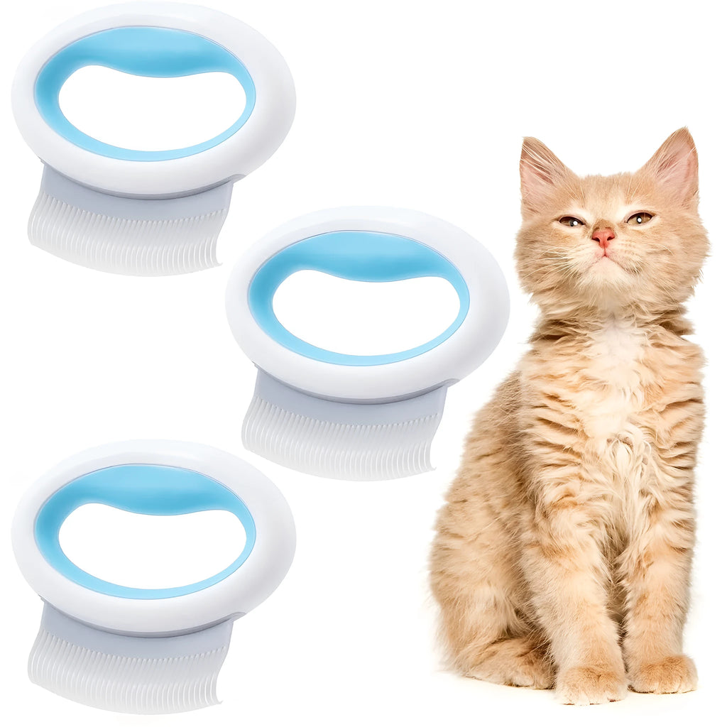 Blue pet grooming brush with soft teeth and ergonomic handle for deshedding cats and dogs.