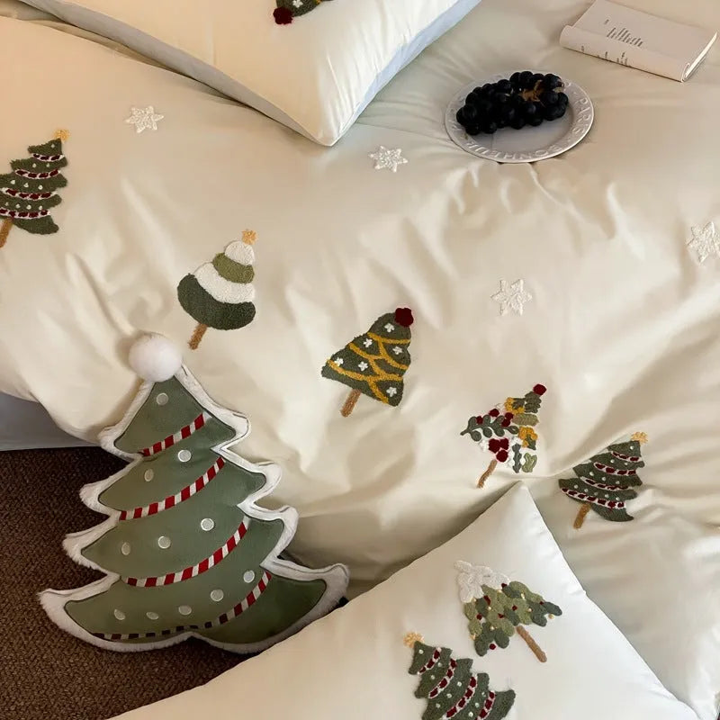 Christmas tree embroidered cotton bed linen four-piece set in cream blue and green colour options