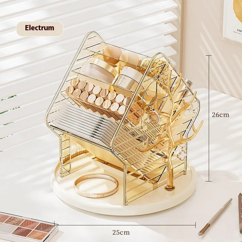Rotating multi-tiered cosmetics storage box in clear transparent plastic on a wooden surface.