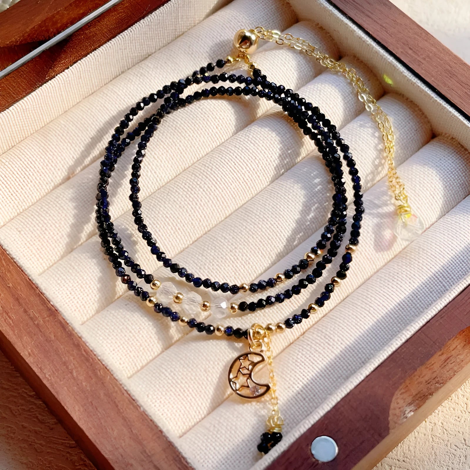 Women's blue san stone three-ring multi-layer bracelet showing handcrafted detail