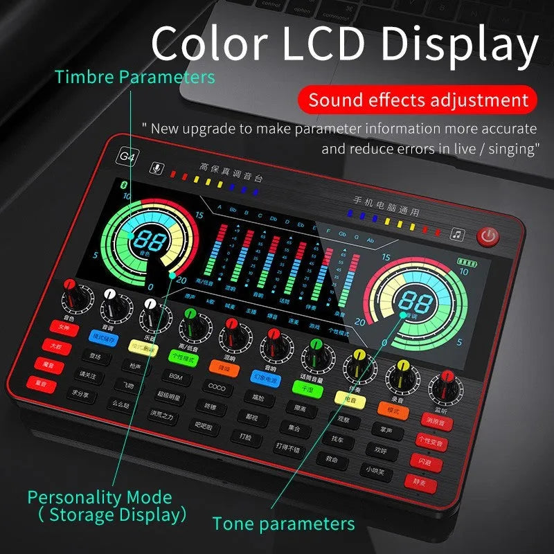 G4 professional sound card mixer with colourful LCD display, connected microphone, and included cables and remote control.