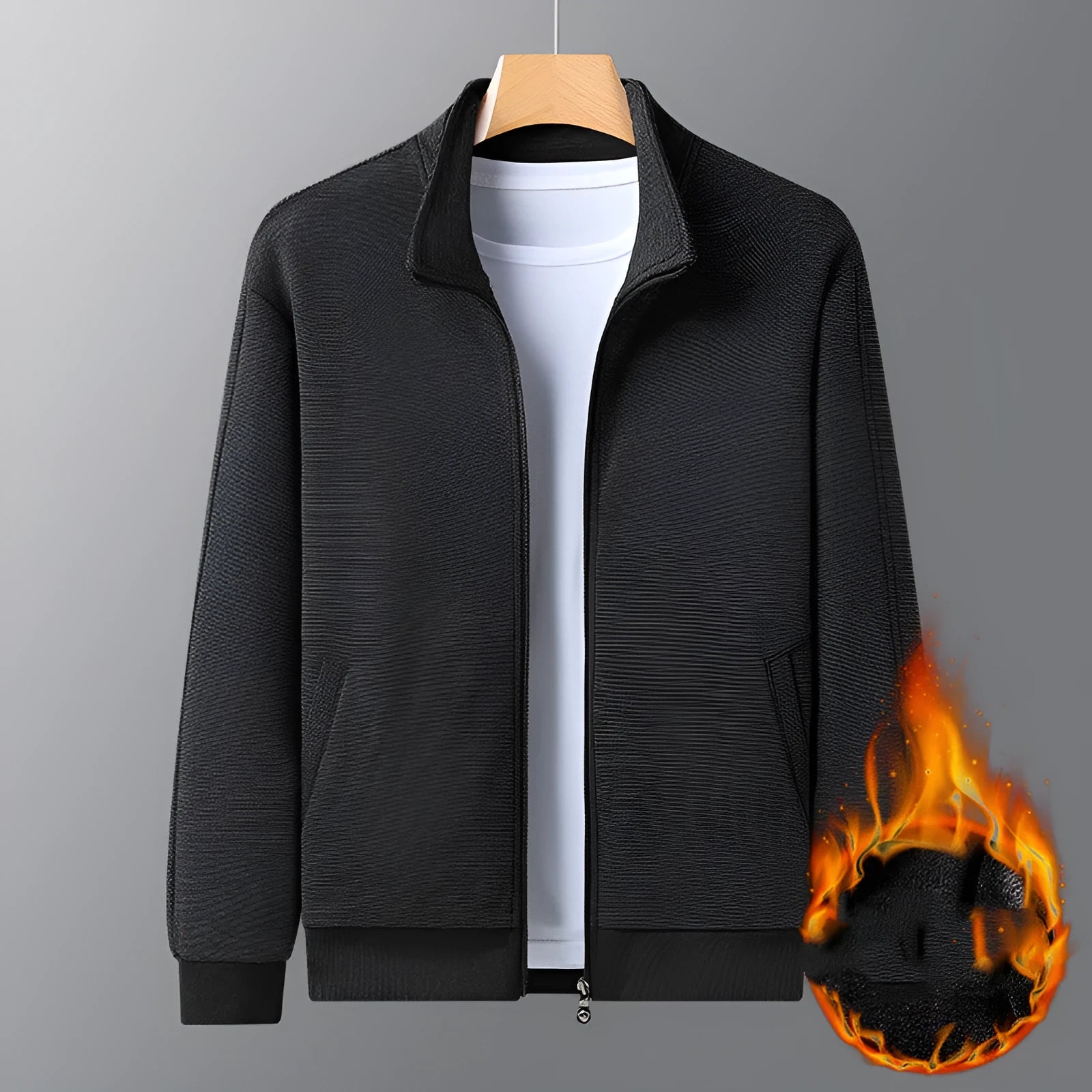 Men's black stand-up collar zip-front jacket in an athletic fit on a hanger.