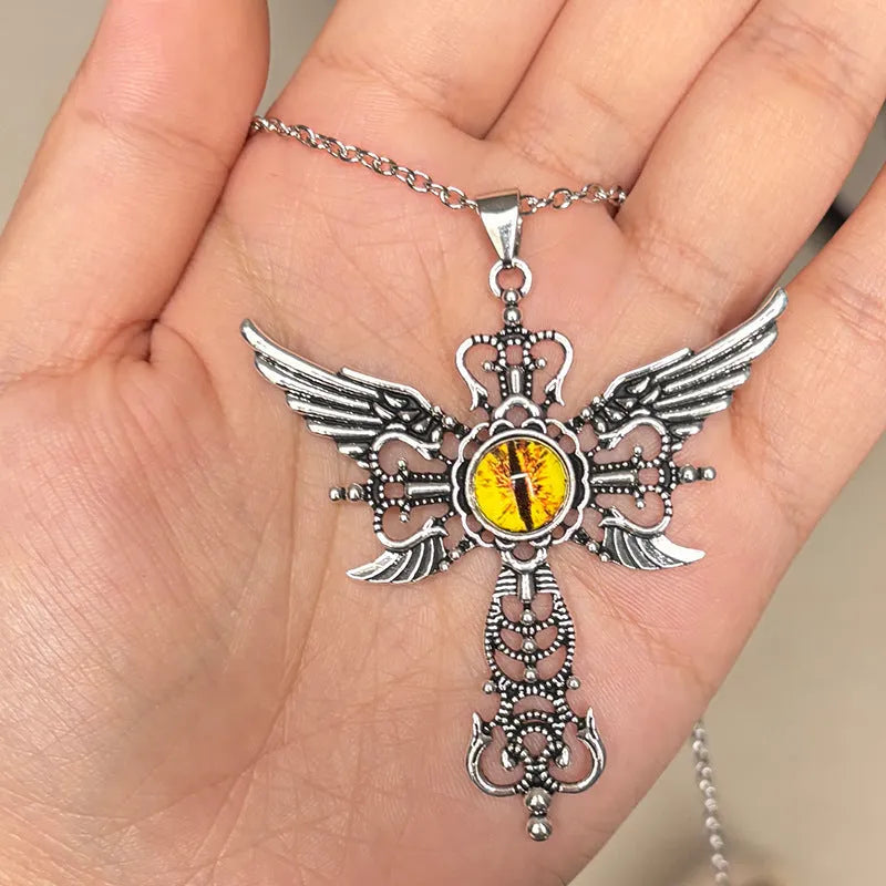 Geometric devil wings cross pendant necklace in alloy with blue, green, purple, red and yellow colour options