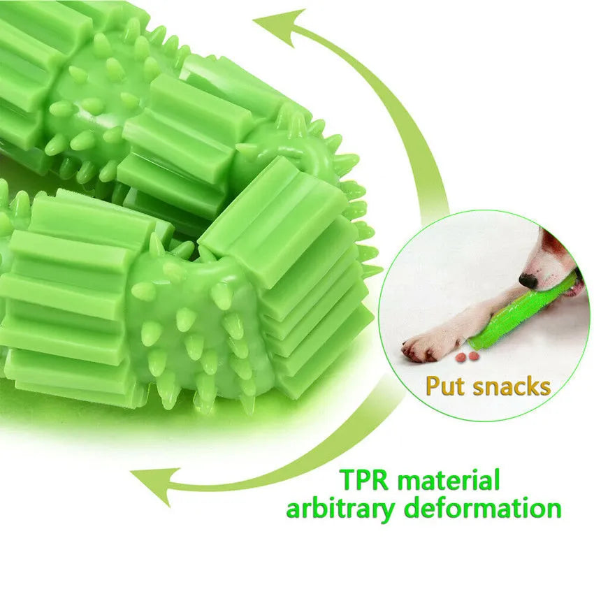 Green and orange rubber dog chew toy with hollow centre for treat dispensing