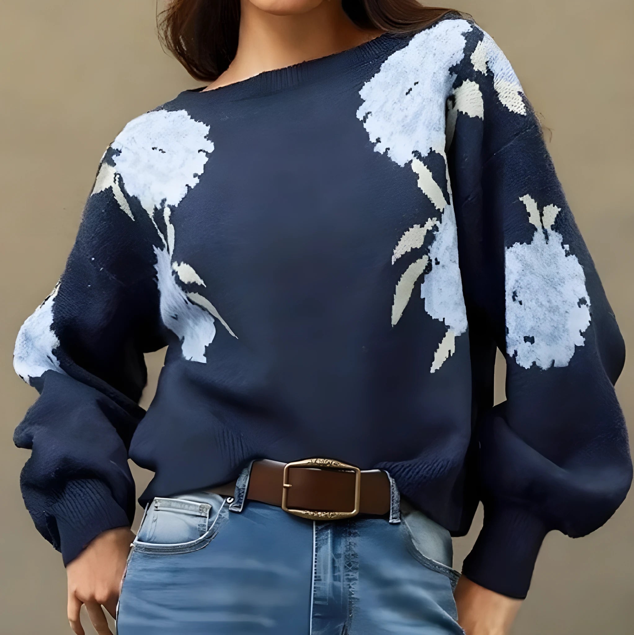 Women's sapphire blue off-neck pullover with floral jacquard pattern, loose casual fit with long sleeves