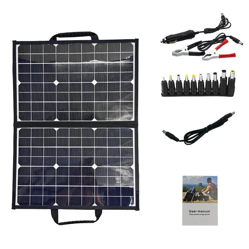 Black 40W single crystal solar panel inside a folded portable bag for outdoor charging