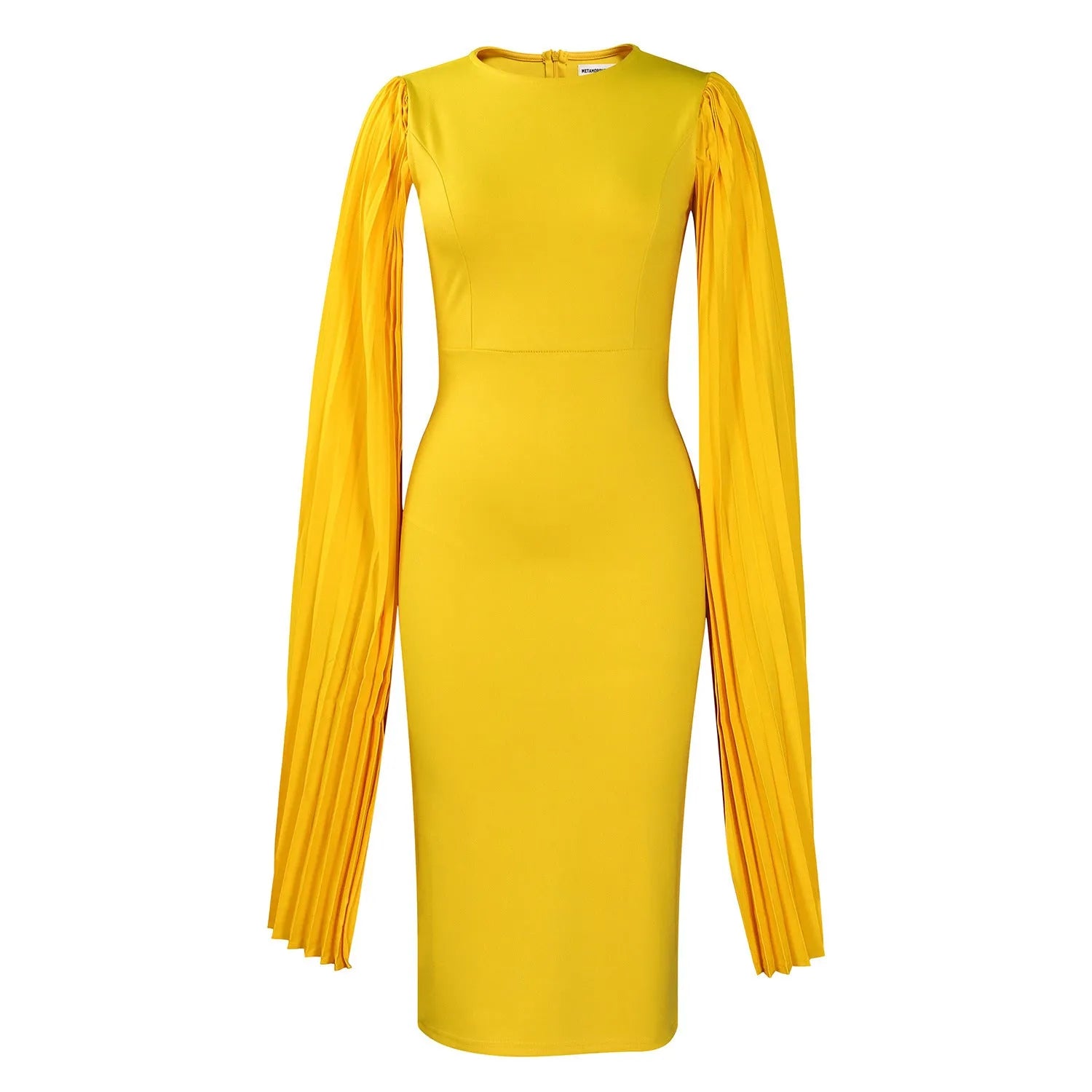 Long sleeve high waist evening gown with a round neck and pleated shawl detail.