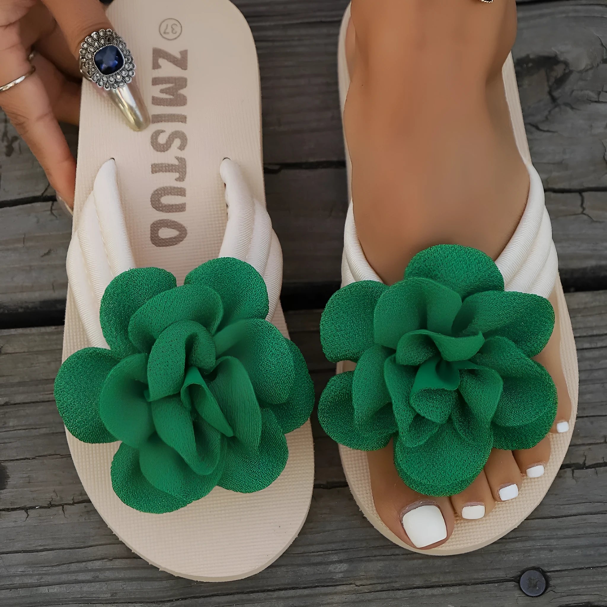 Plus size women's flower design slippers flip flops in green, rose red, and creamy white colours
