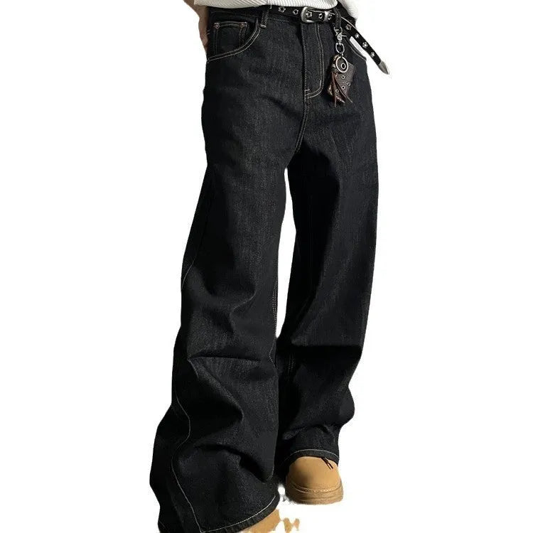 Black retro loose wide-leg jeans with straight-leg style and mid waist design
