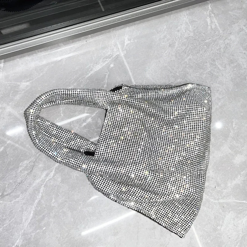 Silver shiny rhinestone dinner bag party handbag for women with open pocket