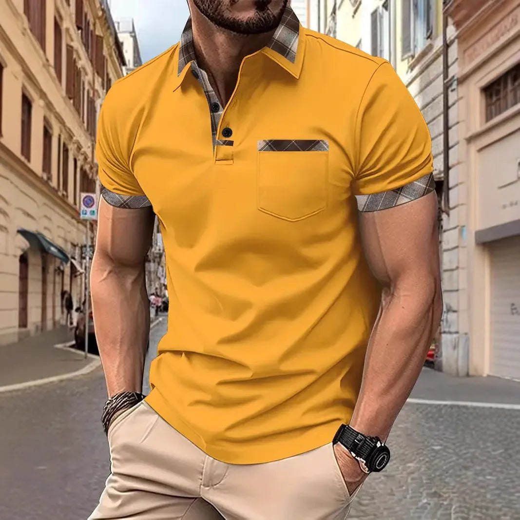 Men's plaid colourblock t-shirt with zipper decorations in loose fit for summer casual wear
