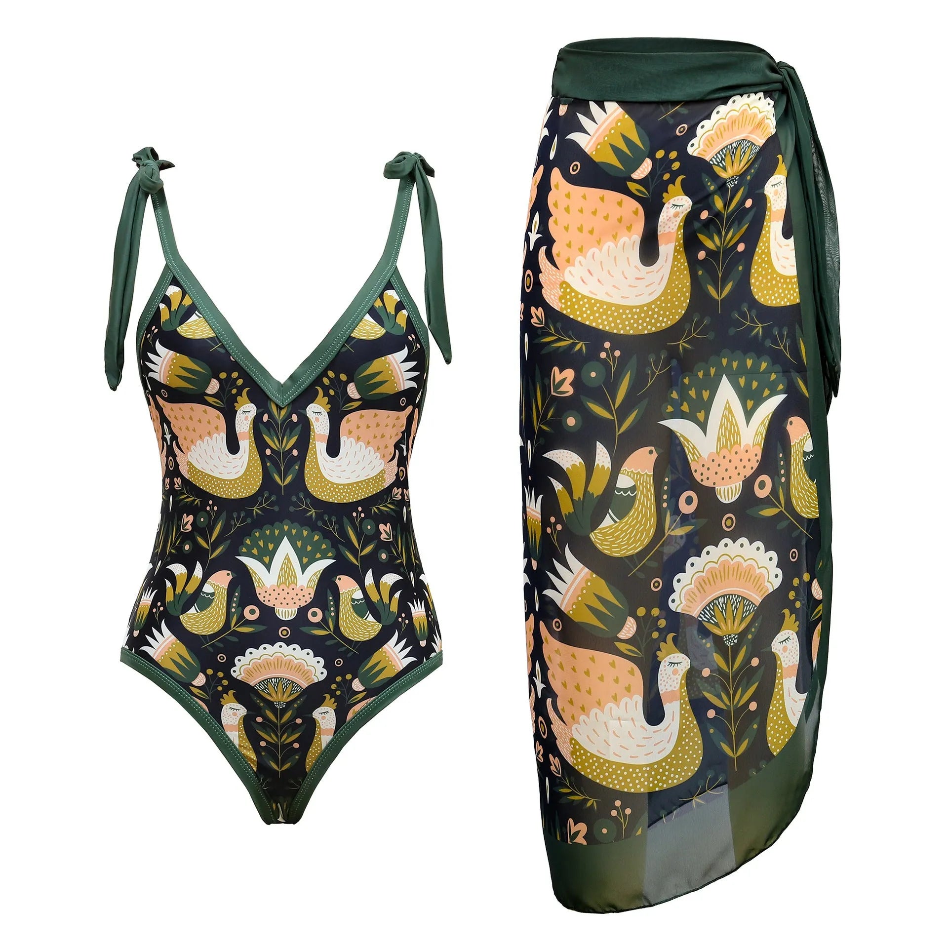 Women's solid colour one-piece swimsuit with spaghetti straps and matching skirt set