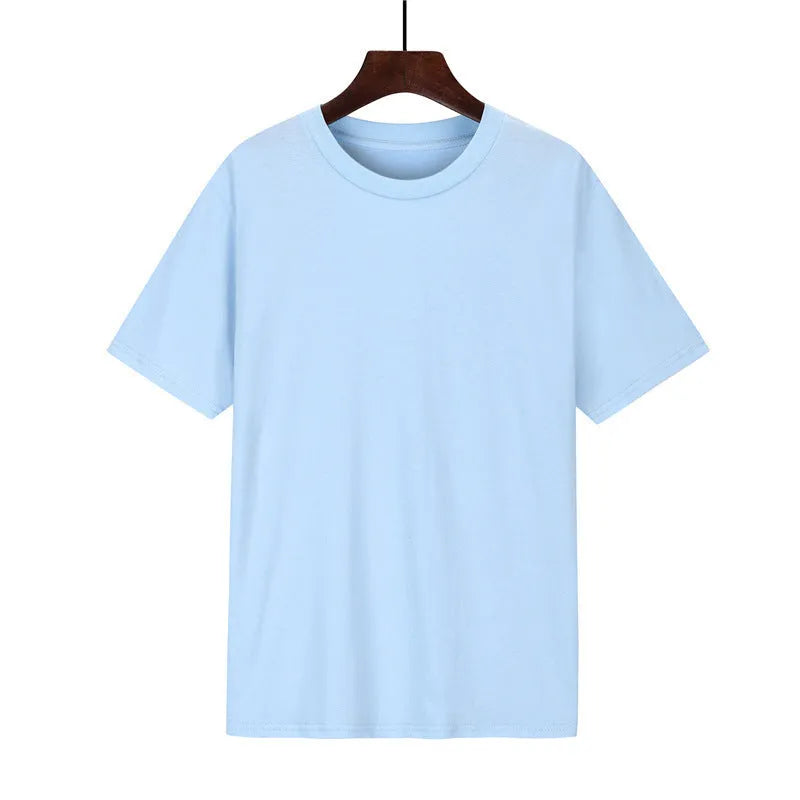 Men's loose fit black cotton t-shirt with short sleeves on a hanger.