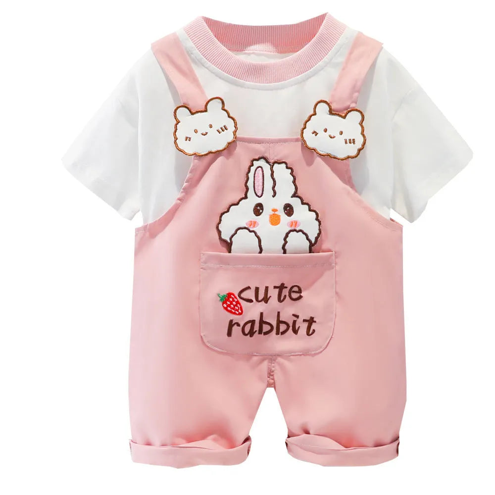 Yellow children's cotton short-sleeved overalls with cartoon print and detachable straps.