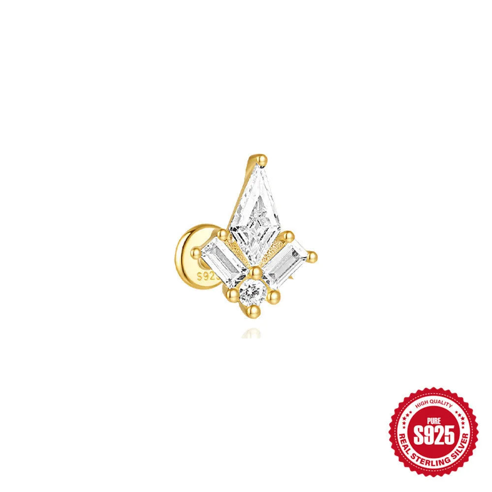 Geometric kite-shaped sterling silver earrings with a gold electroplated chain tassel featuring rhinestones.