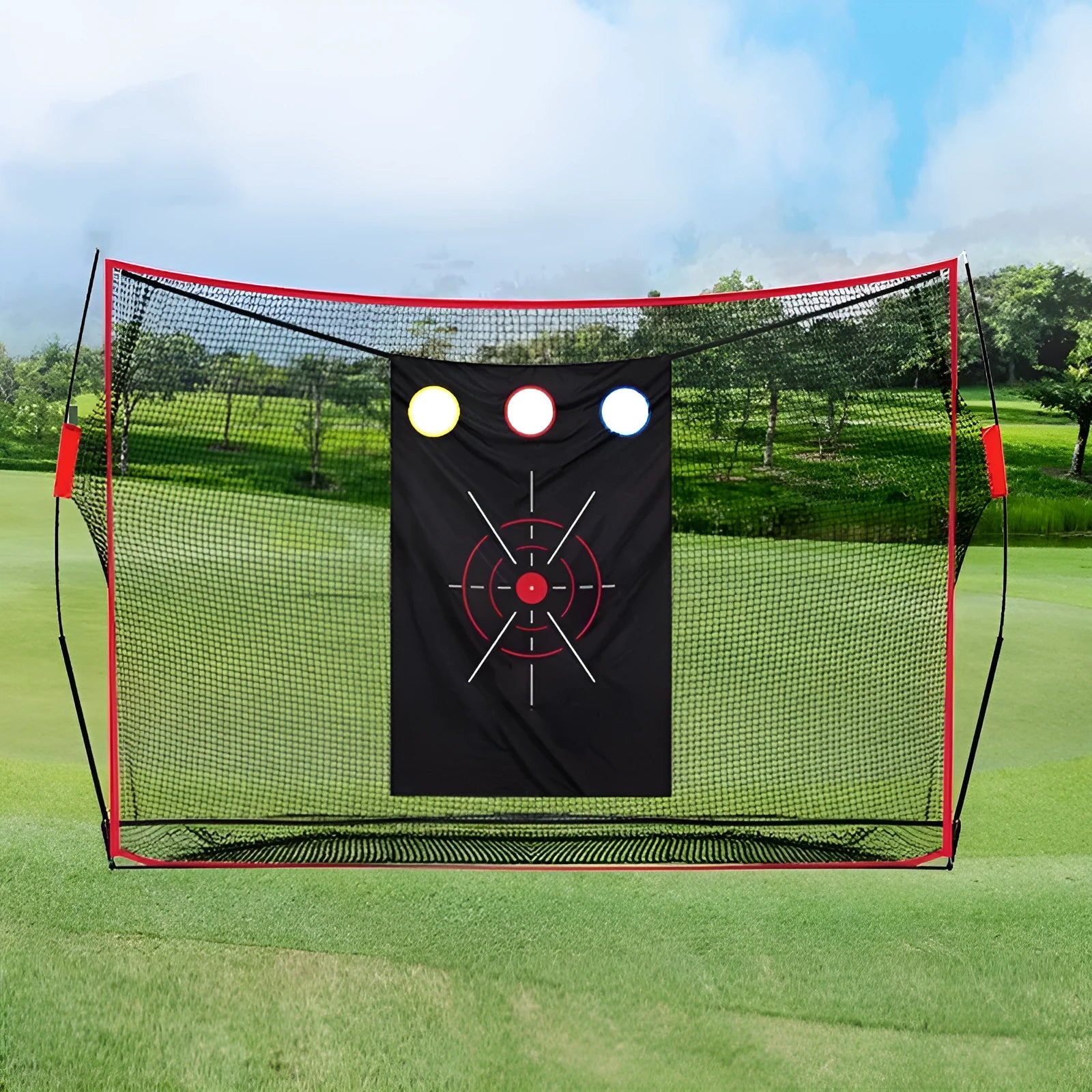 Golf wedge training set with three-hole net, straw practice mat, practice balls, and accessories
