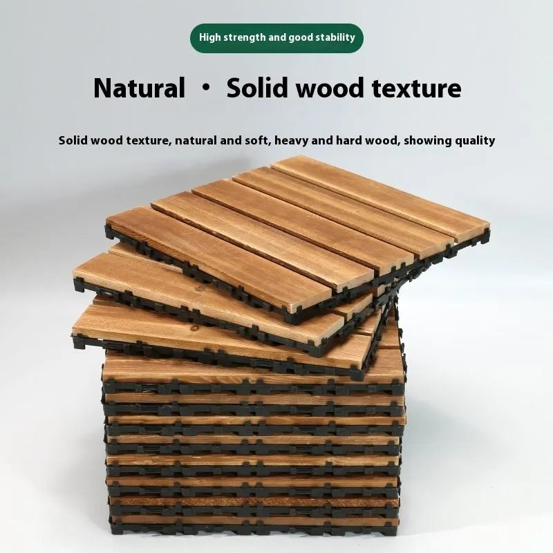 Four camphor pine wood flooring tiles showing 30cm square dimensions and wood grain texture