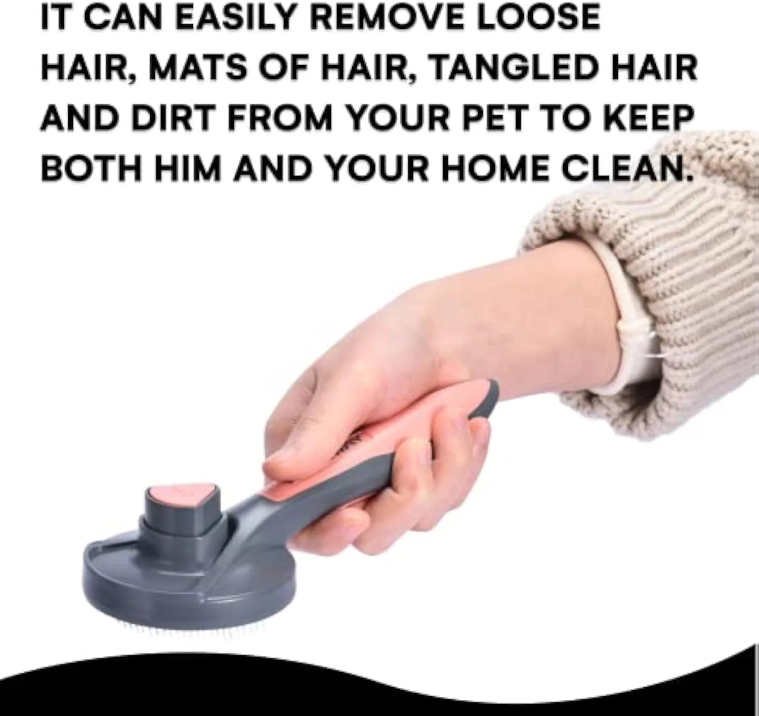 Grey self-cleaning slicker brush for pet grooming with ergonomic handle and one-click button.