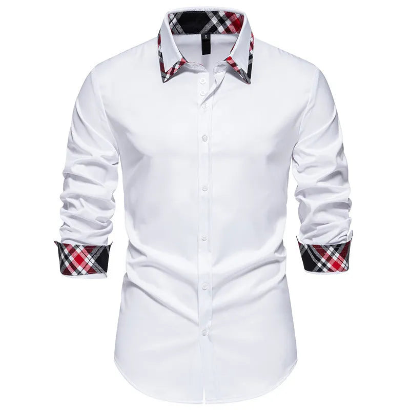 Men's plaid triangle collar long sleeve shirt in polyester blend available in multiple colours