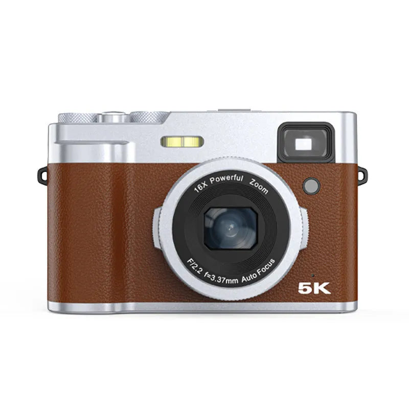 Black and brown 5K HD digital camera with front and rear lenses, optical viewfinder, and a 2.88-inch screen.