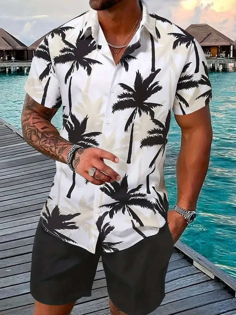 Men's Hawaii 3D printed short sleeve top and shorts leisure suit set on a hanger.