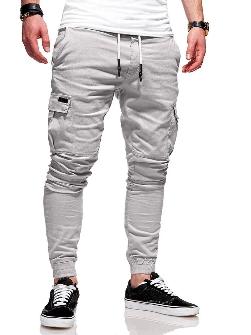 Men's loose fit casual trousers with dimensional patch pockets in light blue colour