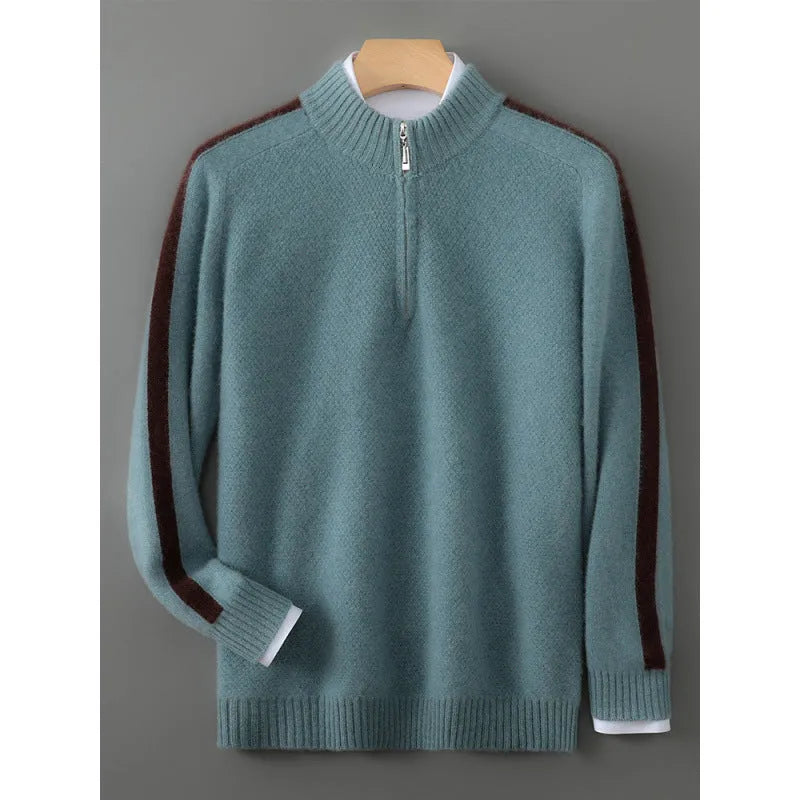 Sheep wool slim fit sweater with half-height zip in Raw Velvet Camel colour on hanger