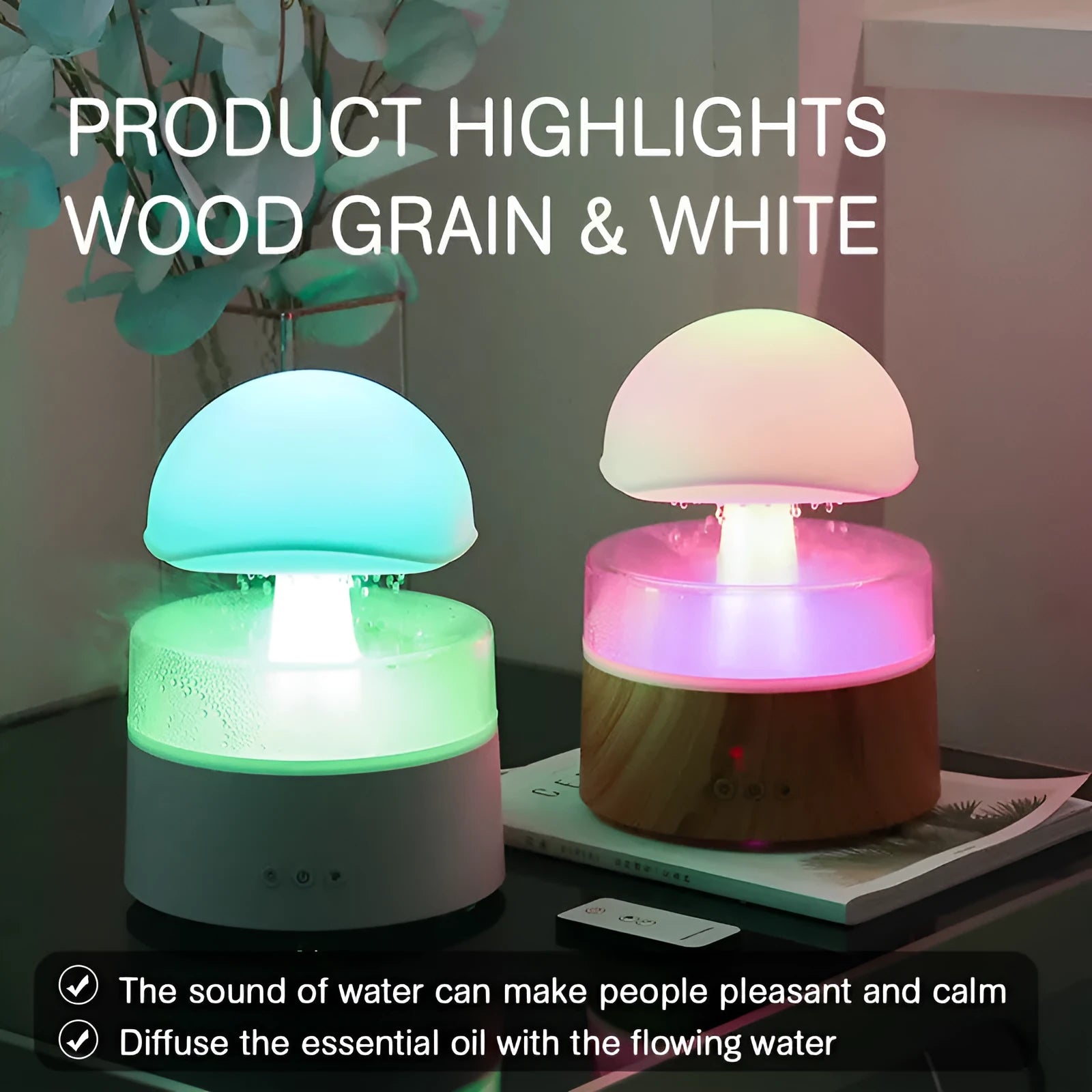 White cloud-shaped humidifier diffuser with LED rain effect and remote control on a wooden table.