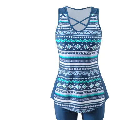 Women's printed lace two-piece swimsuit in blue, green, and navy blue colour options