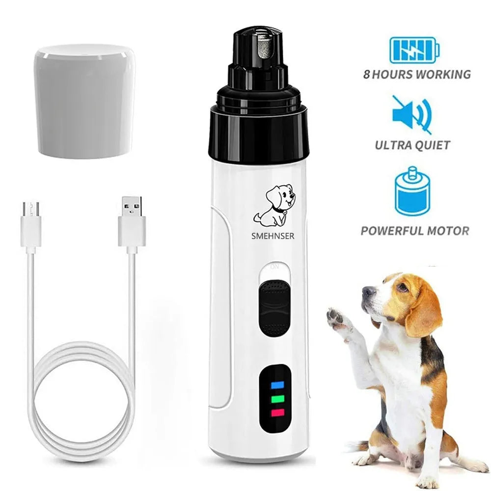 Electric dog nail trimmer with LCD display showing power levels and dust collection system