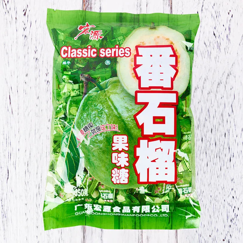 Three bags of hard candy: plum sugar, guava and tangerine peel flavours in 350g and 355g sizes