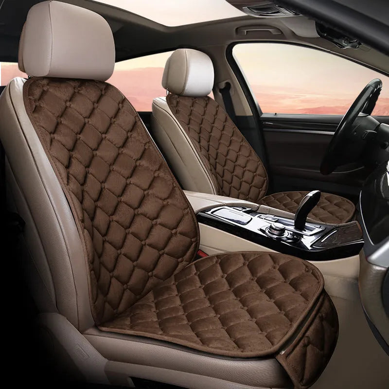 Ringer plush winter car seat cushion in coffee colour with thick cotton texture on a car seat