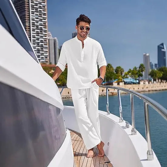 Men's casual cotton trousers suit set in solid colour with long sleeve top