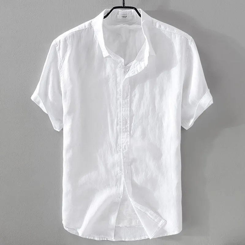 Men's short sleeve linen shirt in solid colour with loose fit design