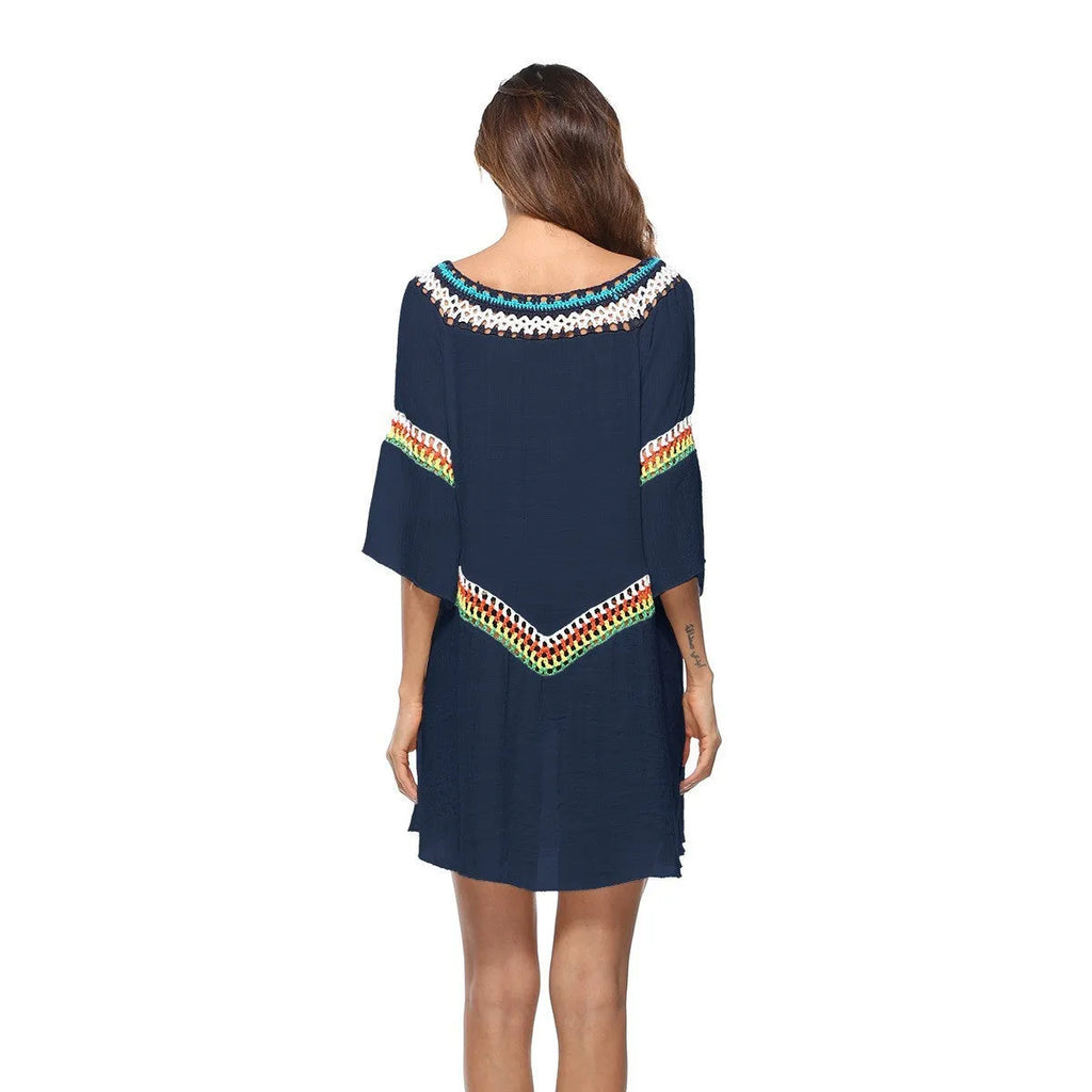 Crocheted ethnic style women's sun protection clothing in apricot colour for beach wear.