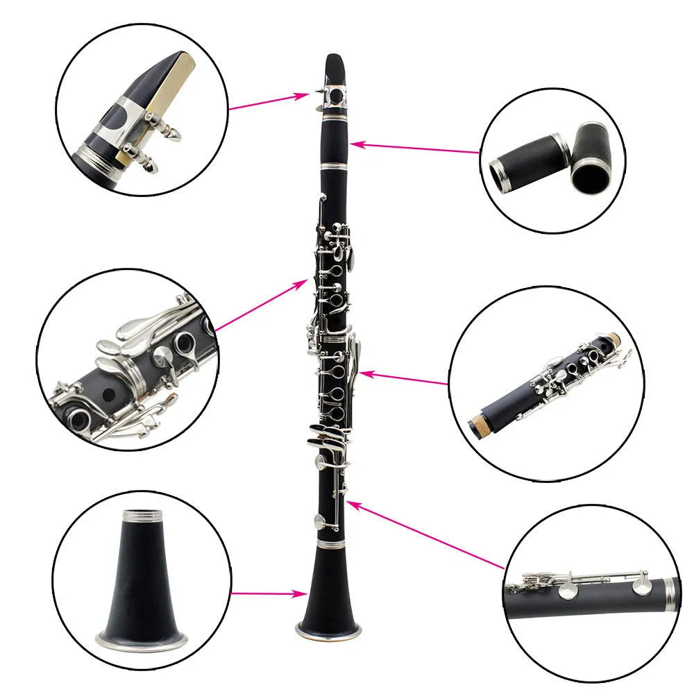 Black Bakelite clarinet with 17 nickel-plated keys shown with its included carrying bag.