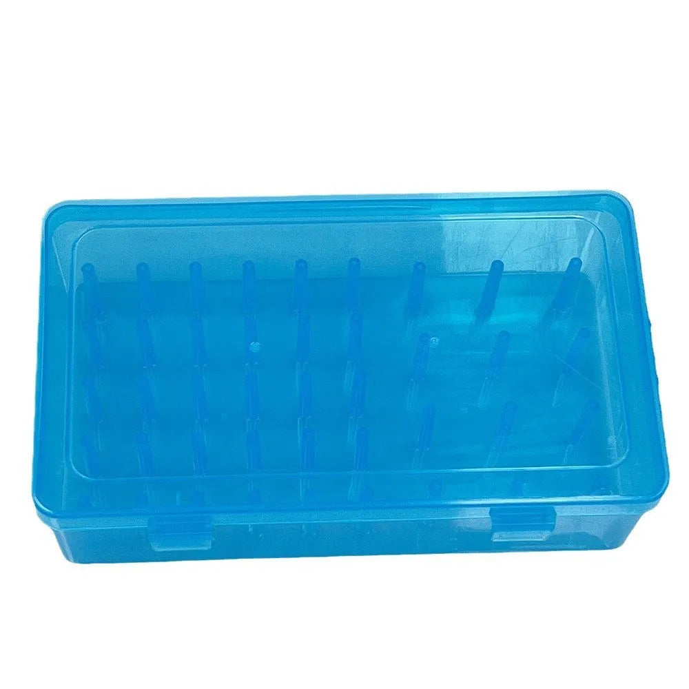 Transparent plastic storage box with 42 small compartments for organising sewing threads and embroidery floss.