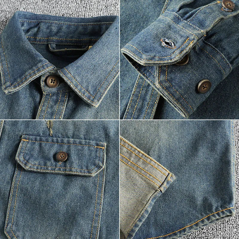 Men's light blue vintage washed denim shirt with loose fit and cardigan style